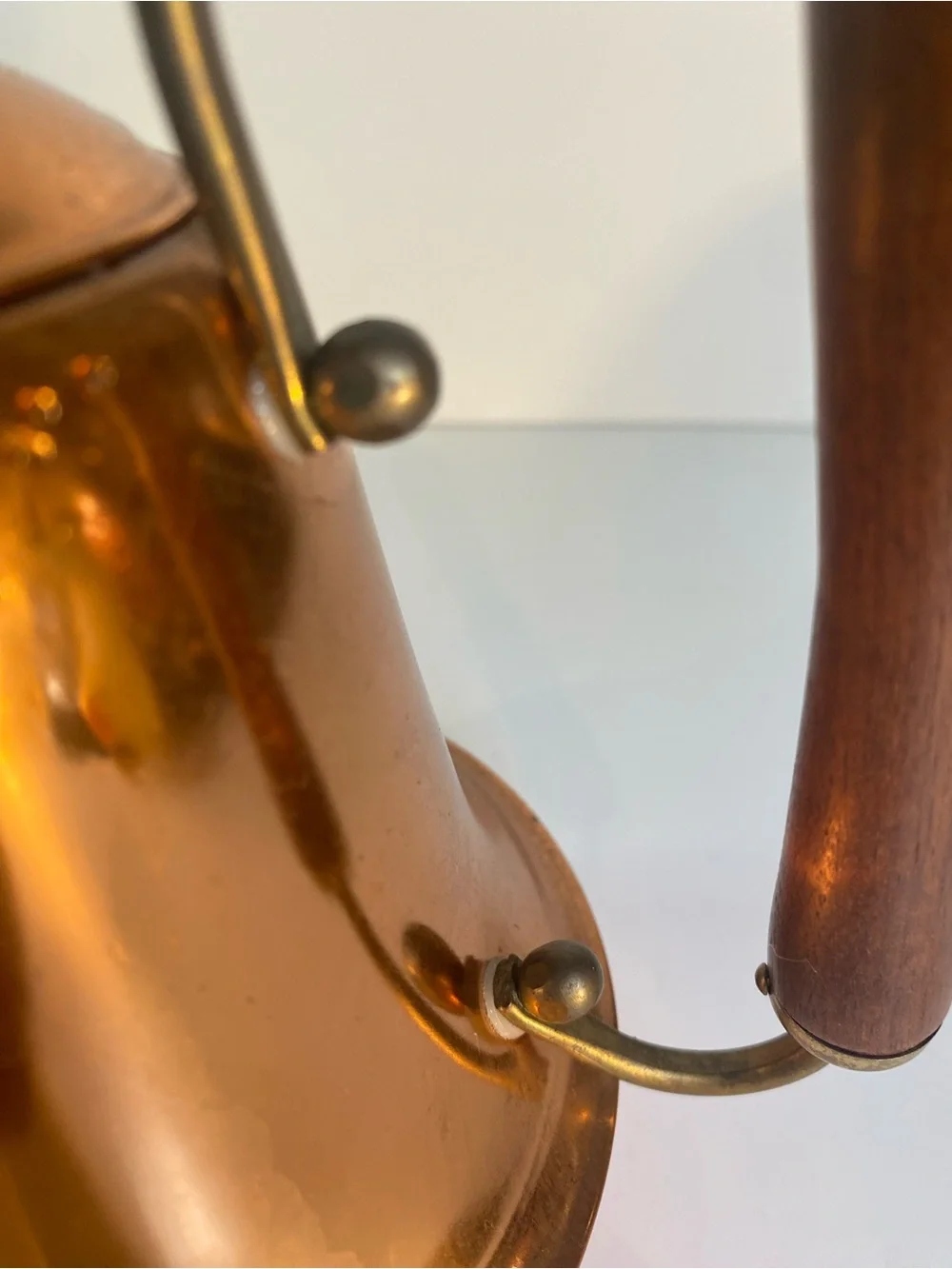 Vintage Mid Century Spartan Copper Teapot - Wooden Handle and Brass Accents